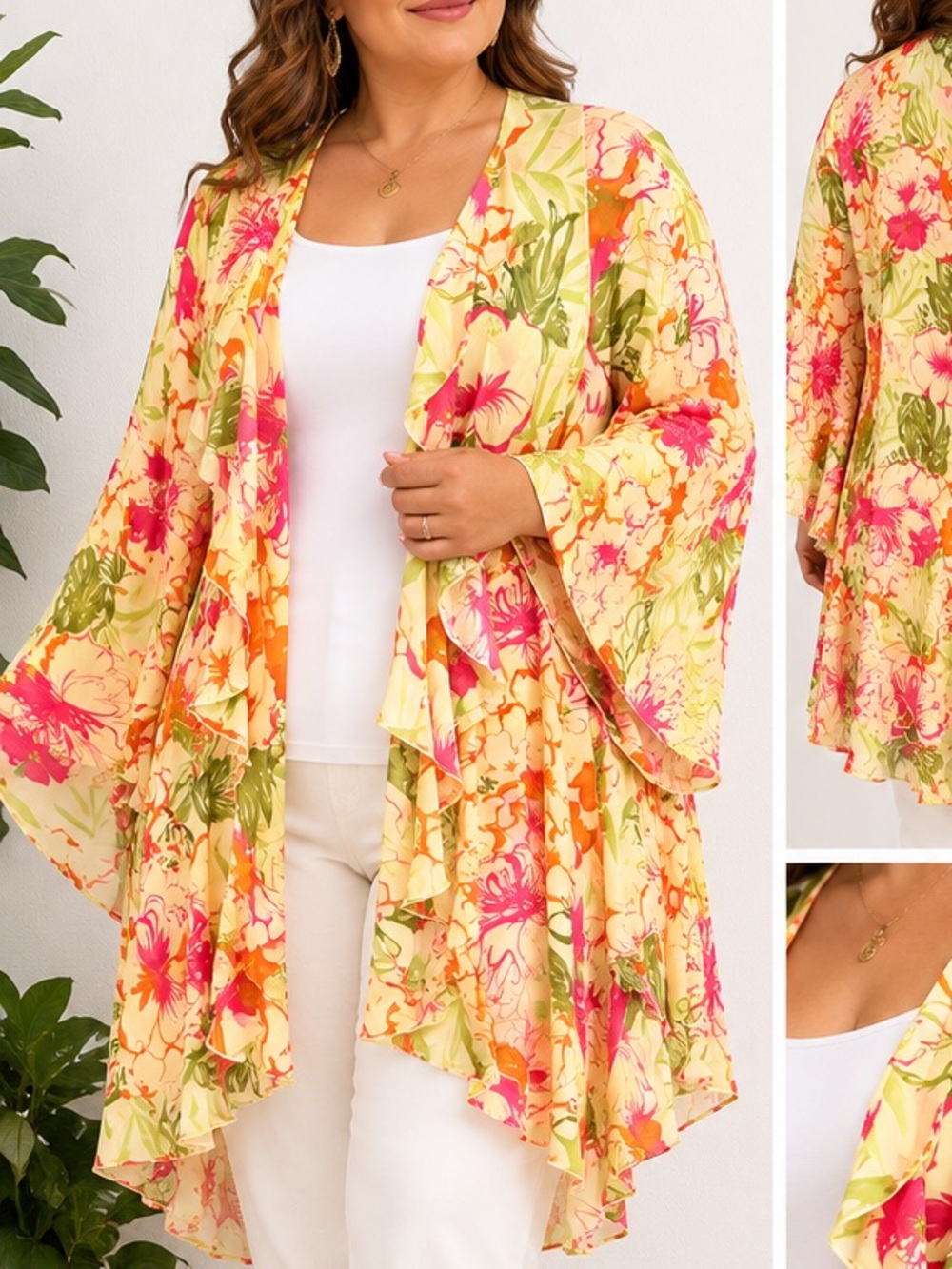 Russell Kemp Woman Yellow Floral Open-Front Kimono Cardigan 5X